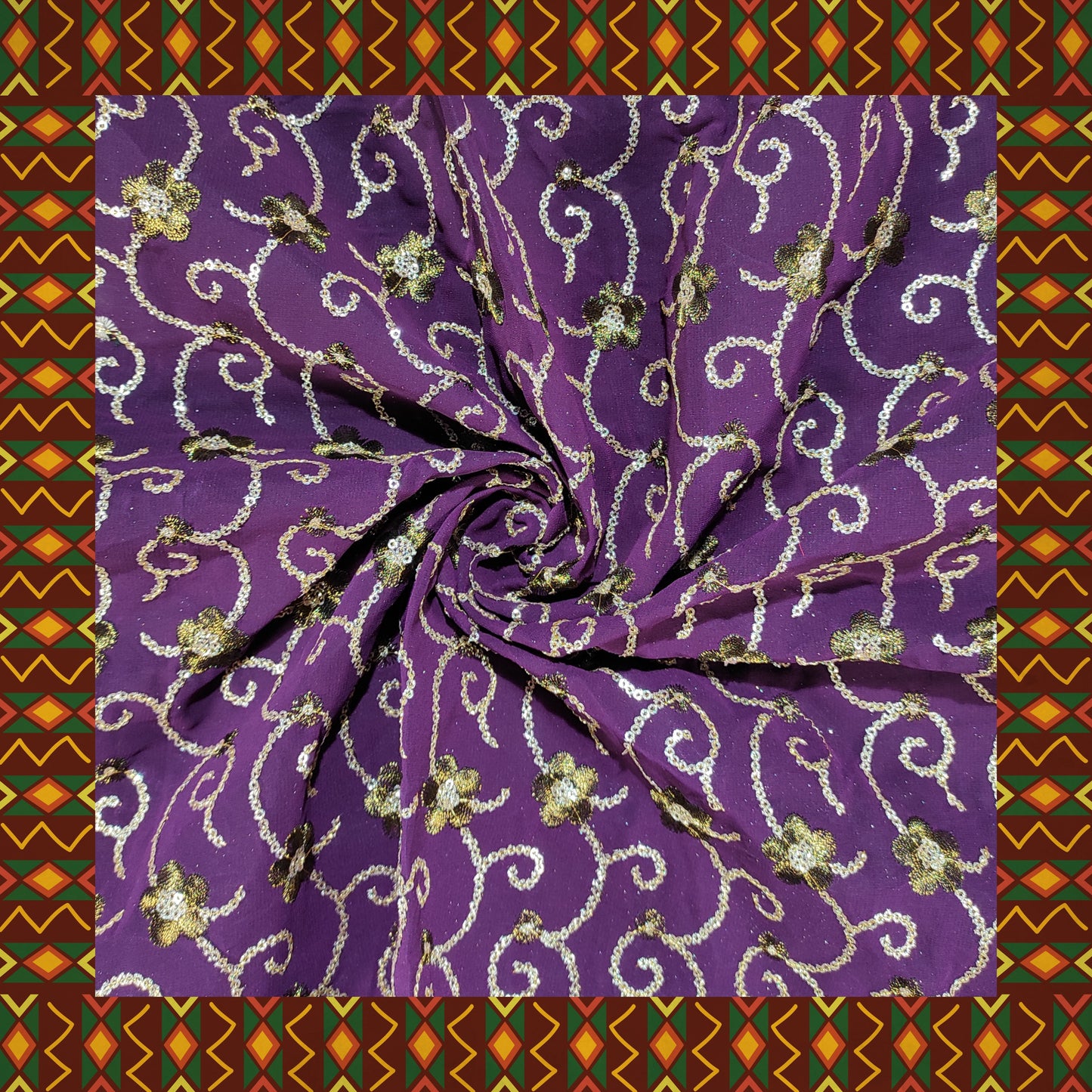 Glitter Sequence Lining Work Embroidery On Georgette