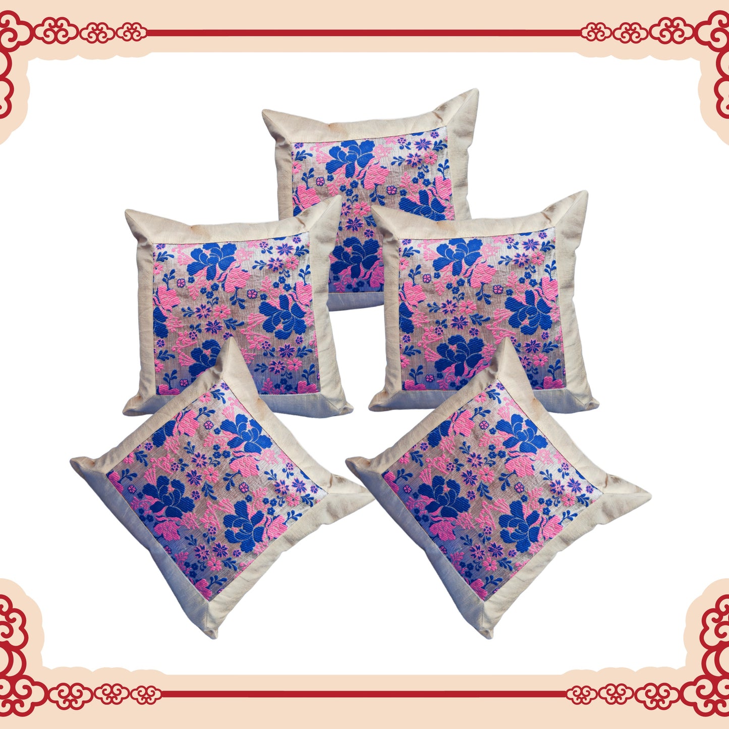 Beautiful Zari Flower Broket With Border Cushion Covers