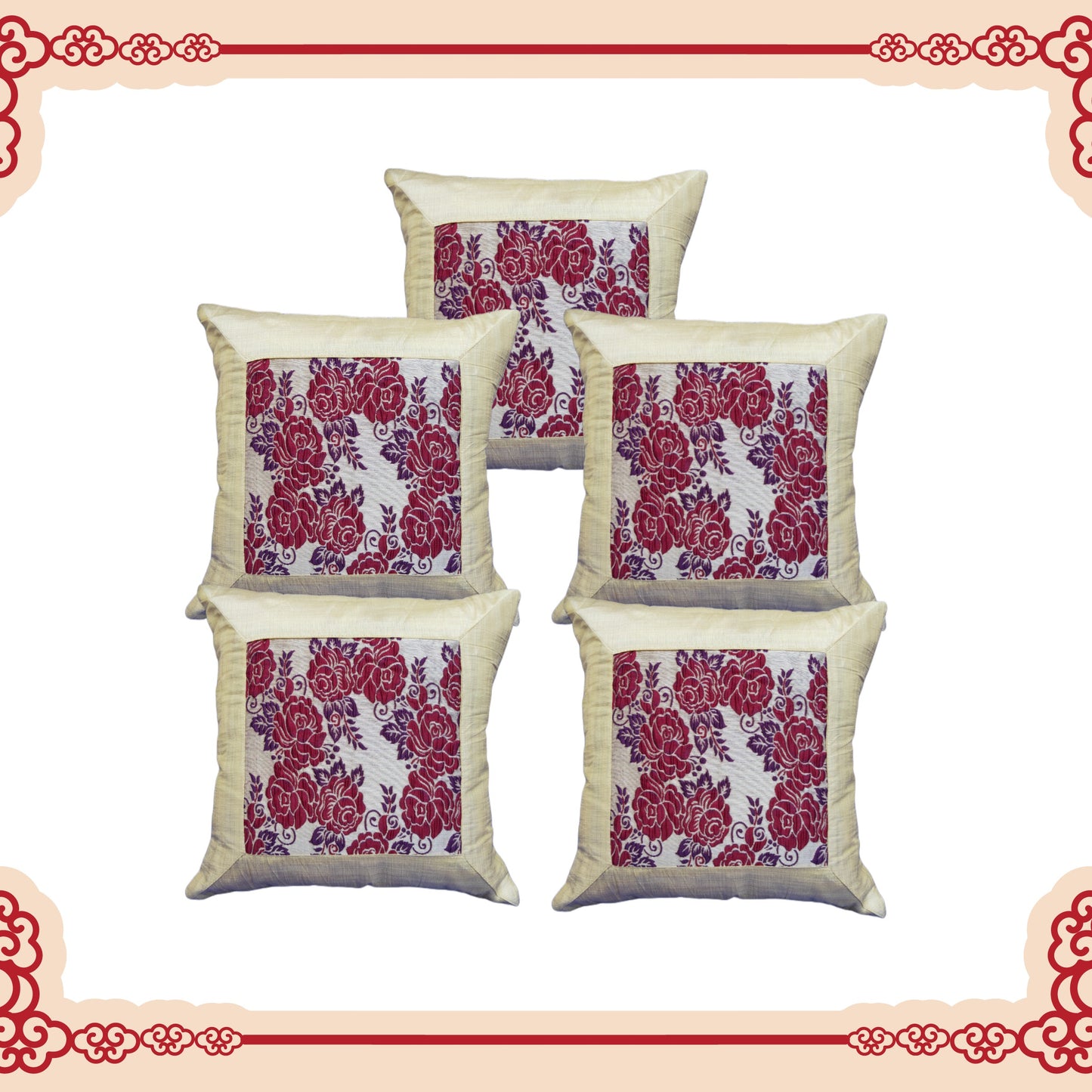 Beautiful Zari Flower Broket With Border Cushion Covers