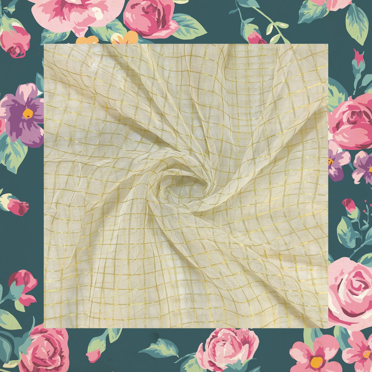 Dyeble Organza Golden Zari Chex