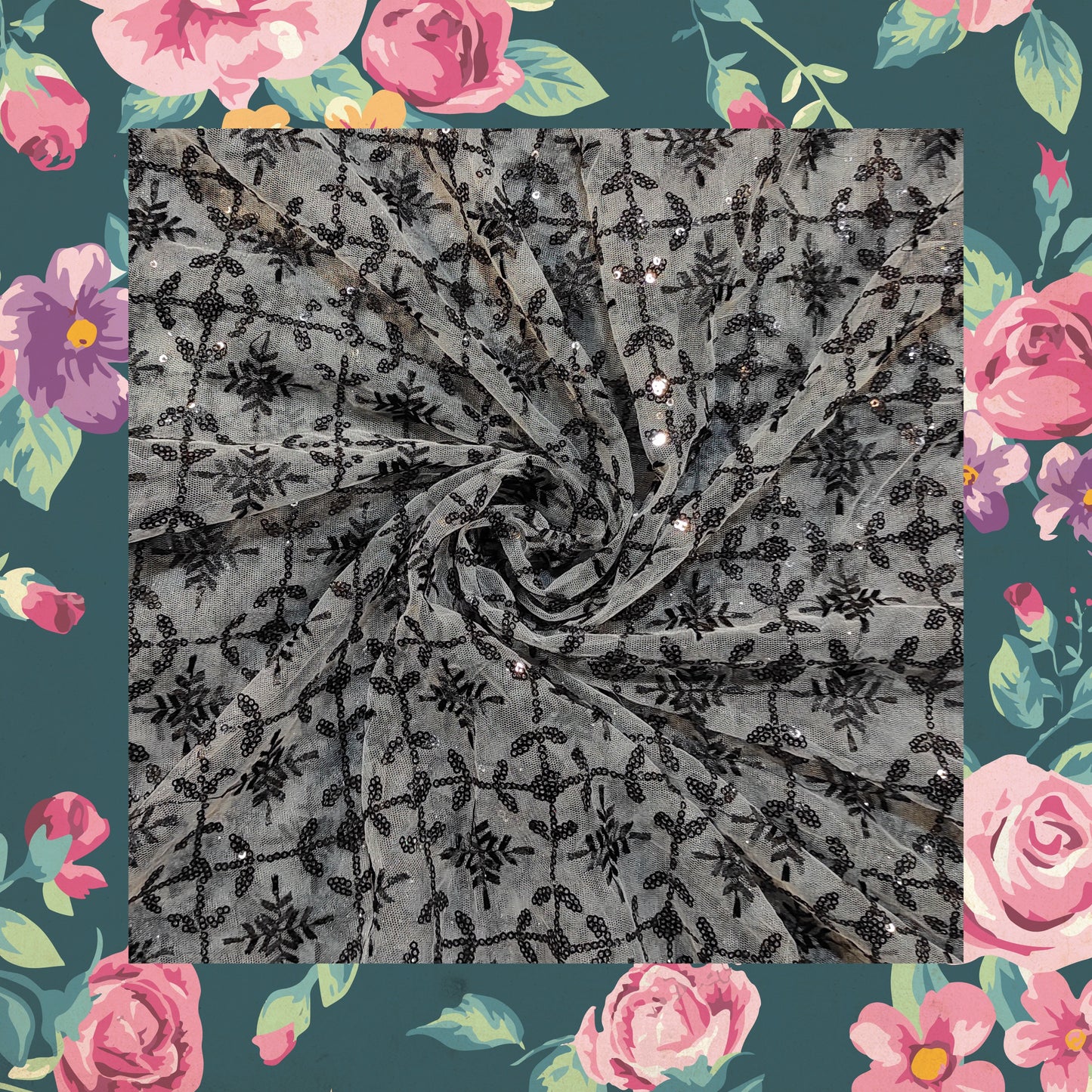 Black Sequence Embroidery On Net