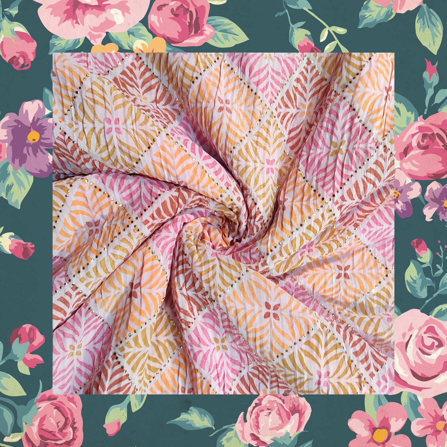 Beautiful Mukesh Print With Color Contrast Printed Pleated Georgette Fabric (price for 6 meter)