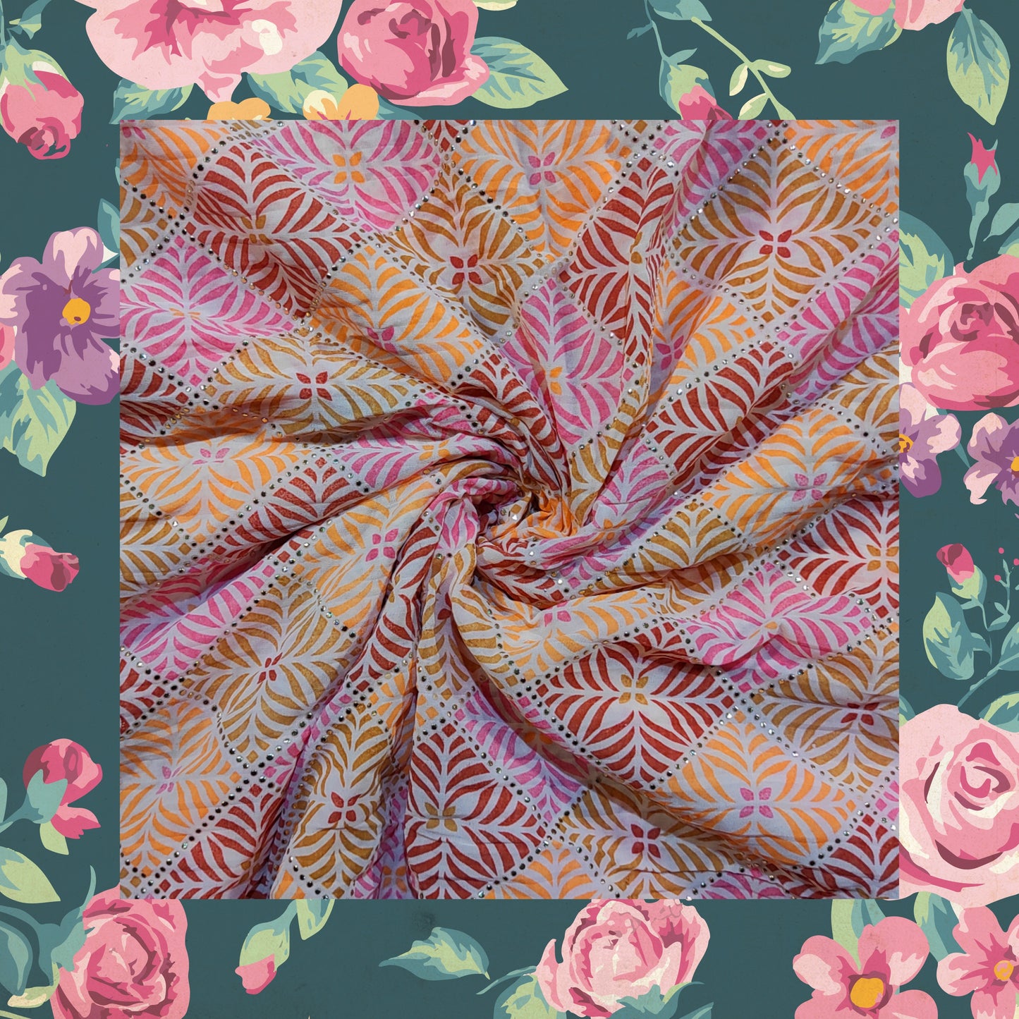 Beautiful Mukesh Print With Color Contrast Printed Pleated Georgette Fabric (price for 6 meter)