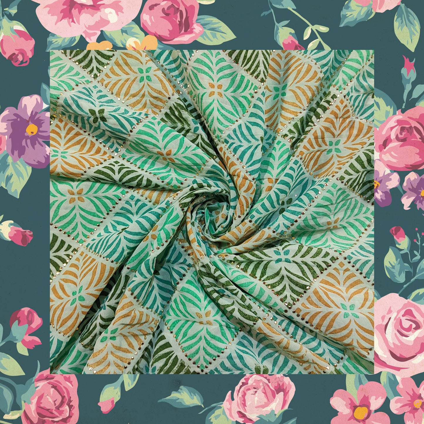 Beautiful Mukesh Print With Color Contrast Printed Pleated Georgette Fabric (price for 6 meter)