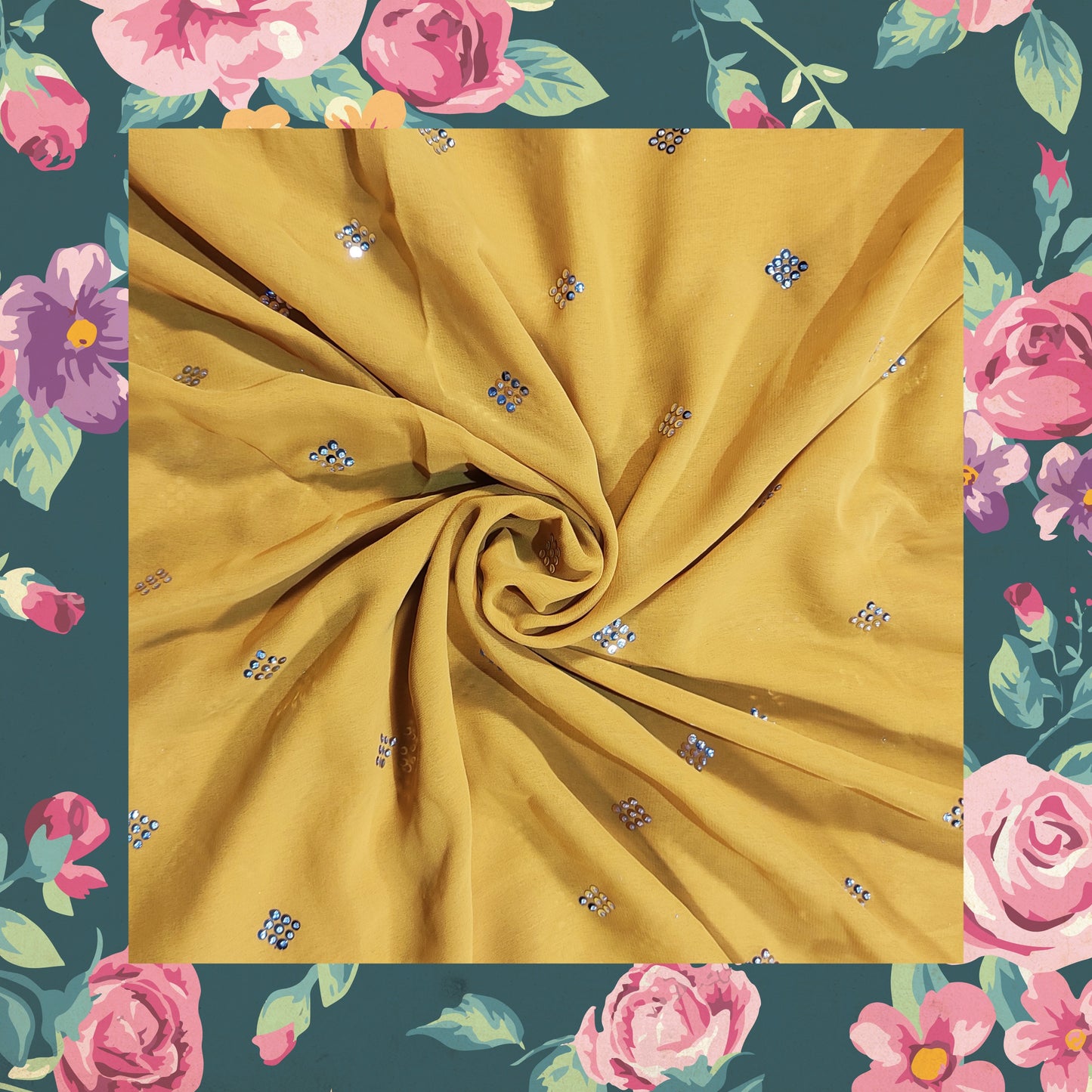 Hand Embroidery Work On Yellow Georgette Fabric (price for 6 meter)