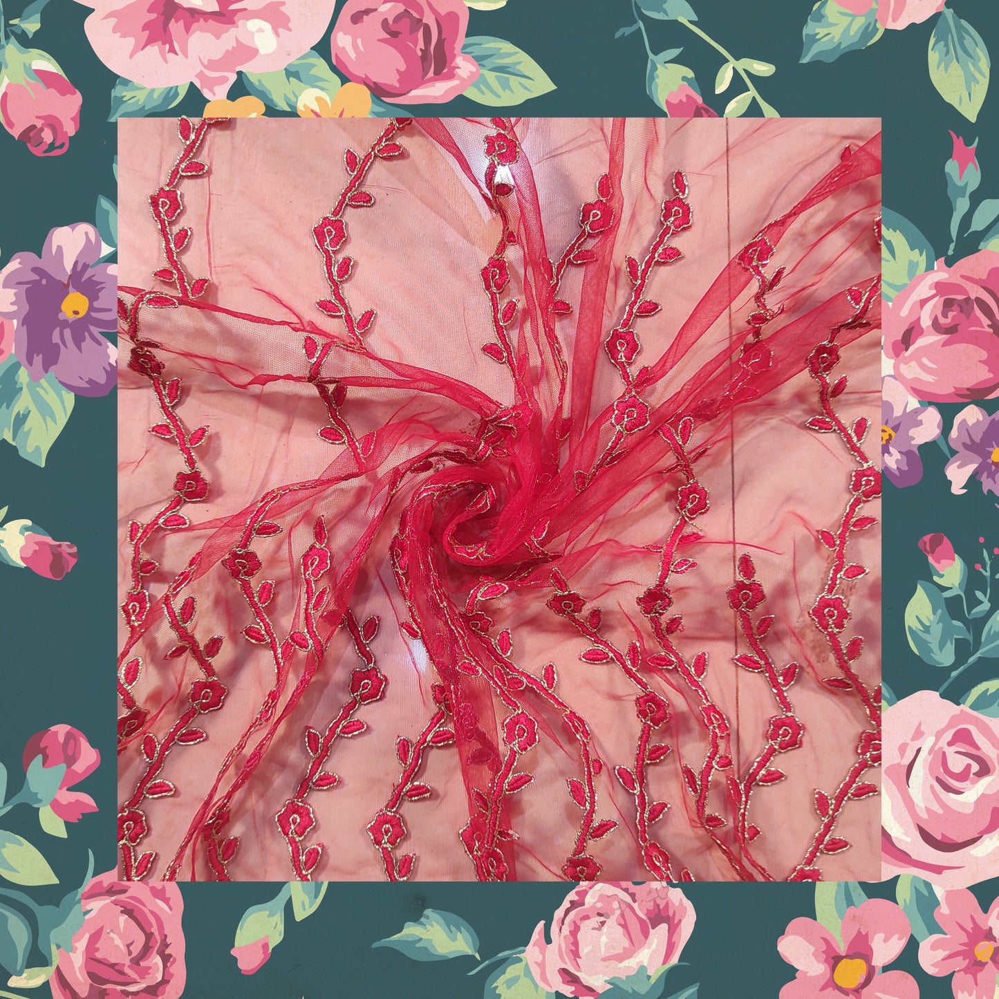 Heavy Multi Codding Work Embroidery On Net