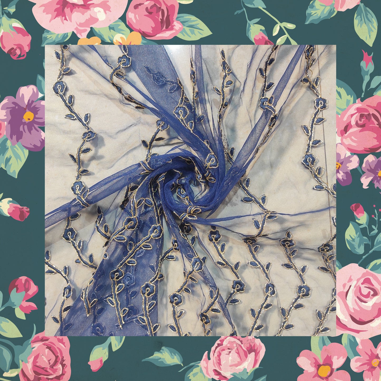 Heavy Multi Codding Work Embroidery On Net
