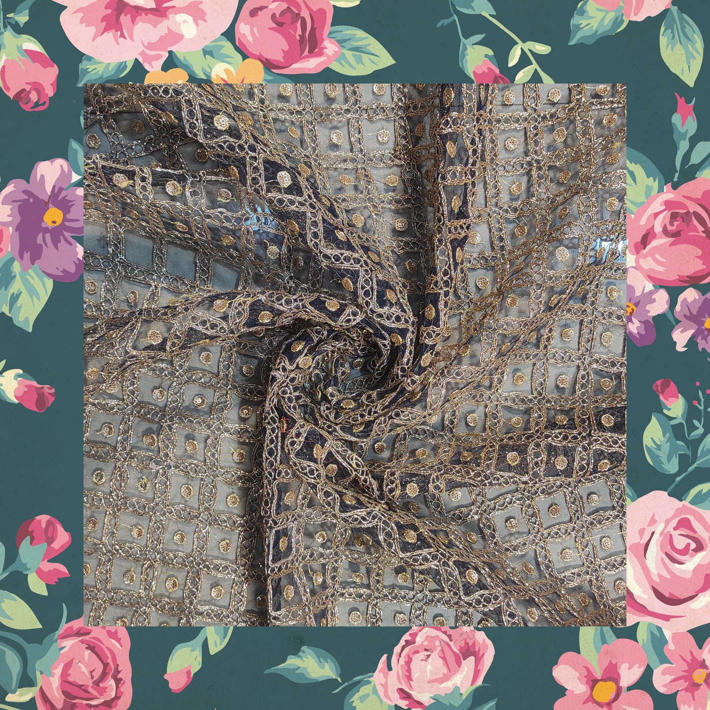 Sequence Embroidery With Glitter Codding On Net