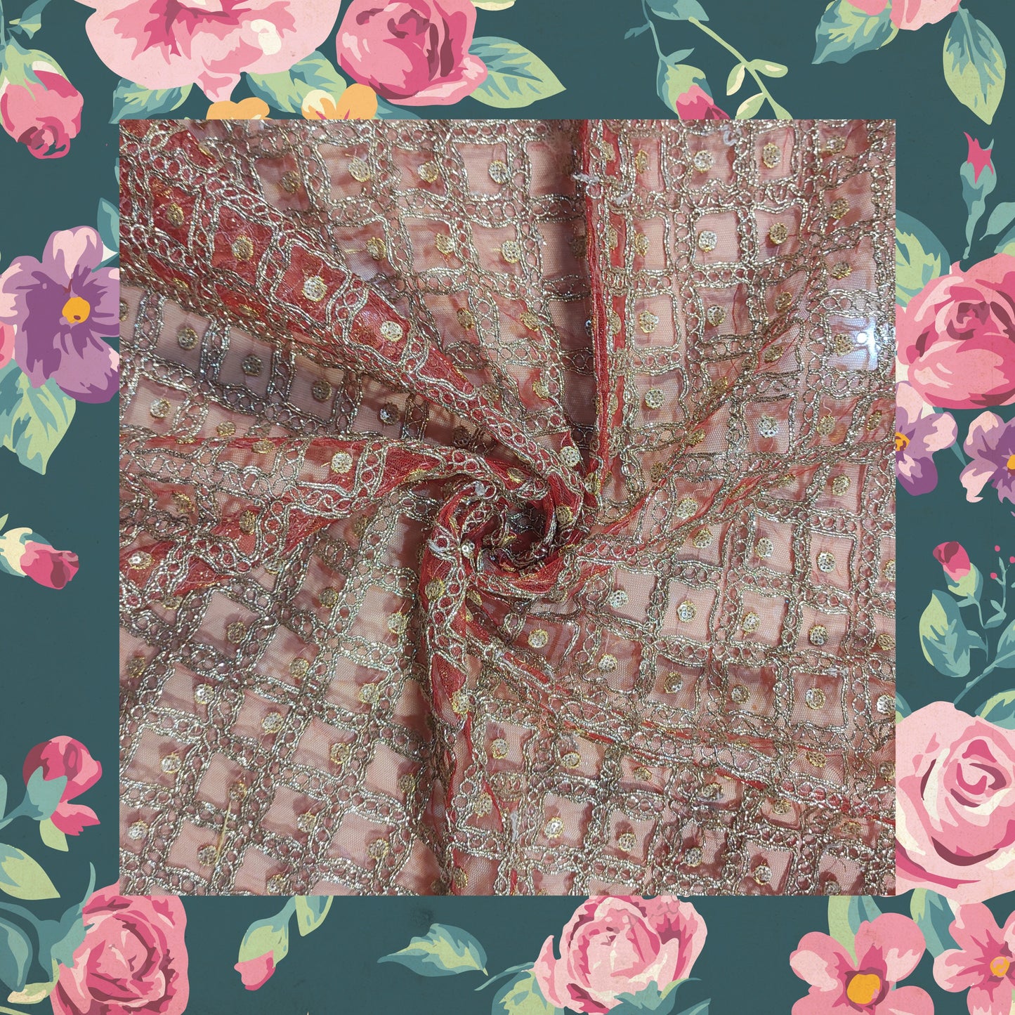 Sequence Embroidery With Glitter Codding On Net