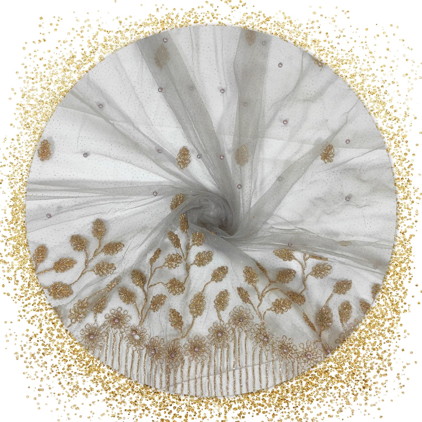 High Quality Glitter Coding Work On Net With Matching Pearls (prices for 6 MTR)